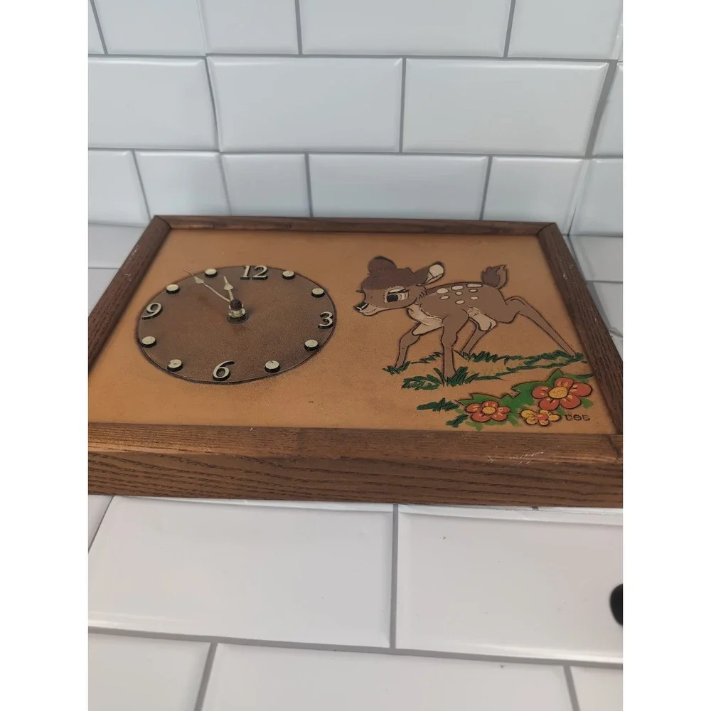 Vintage Hobbyist Clock Disney Bambi Wall Clock Framed Hand Tooled Leather By BoB